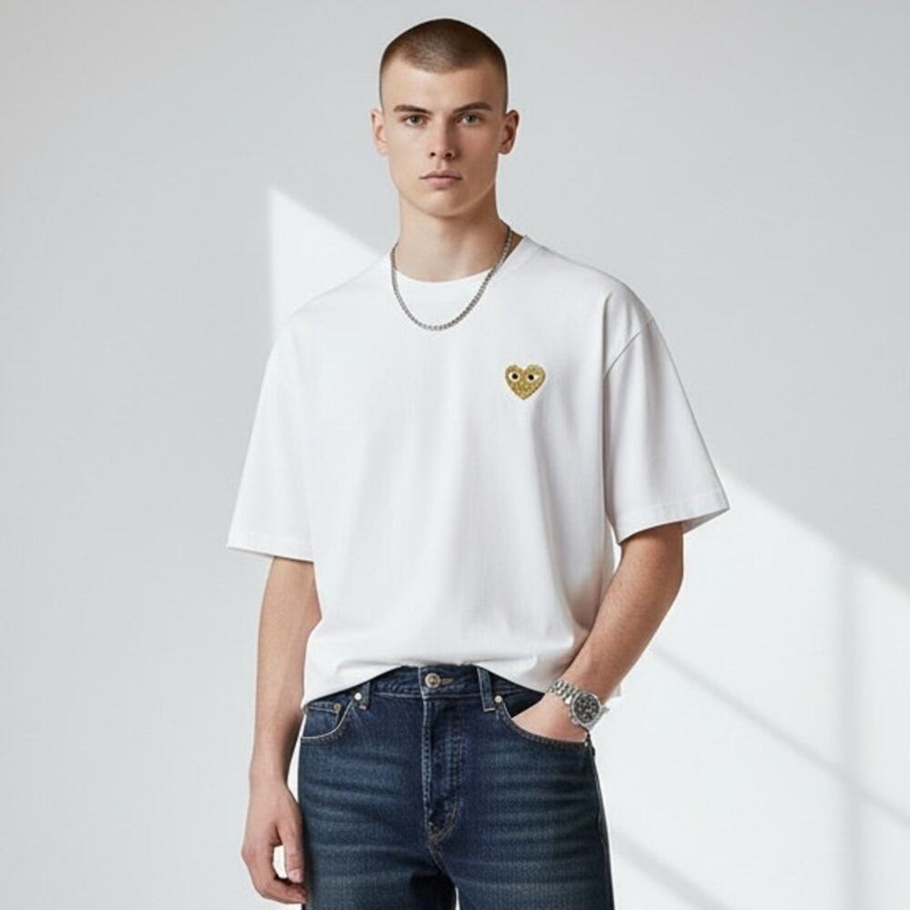 Comme Des Garcons PLAY Gold Heart Embroidered T-Shirt Men's Sz L White Hypebeast
